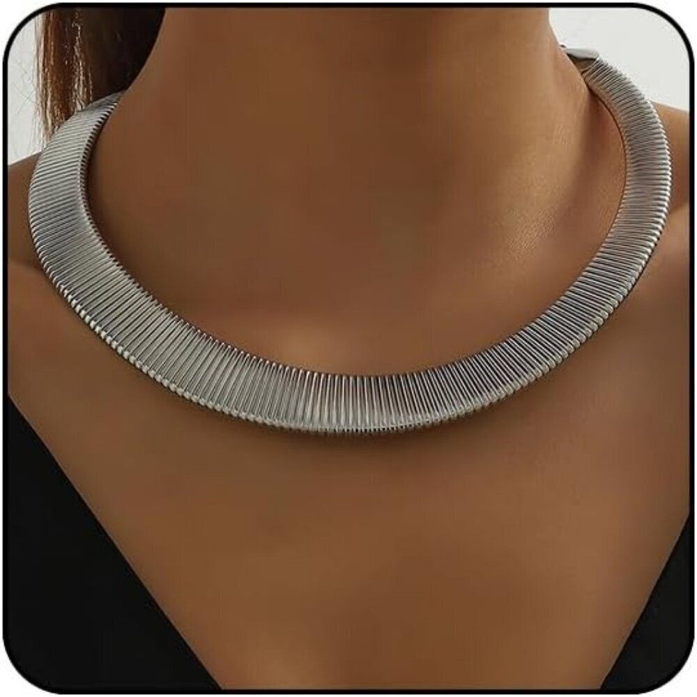 Women Style 1 Trendy Silver Choker Open Round Collar Choker Metal Necklace